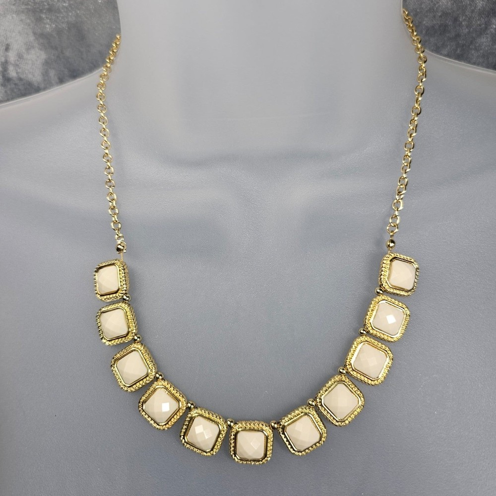 Square Station Necklace Cream Gems Goldtone Picture Frame Feminine Jewelry